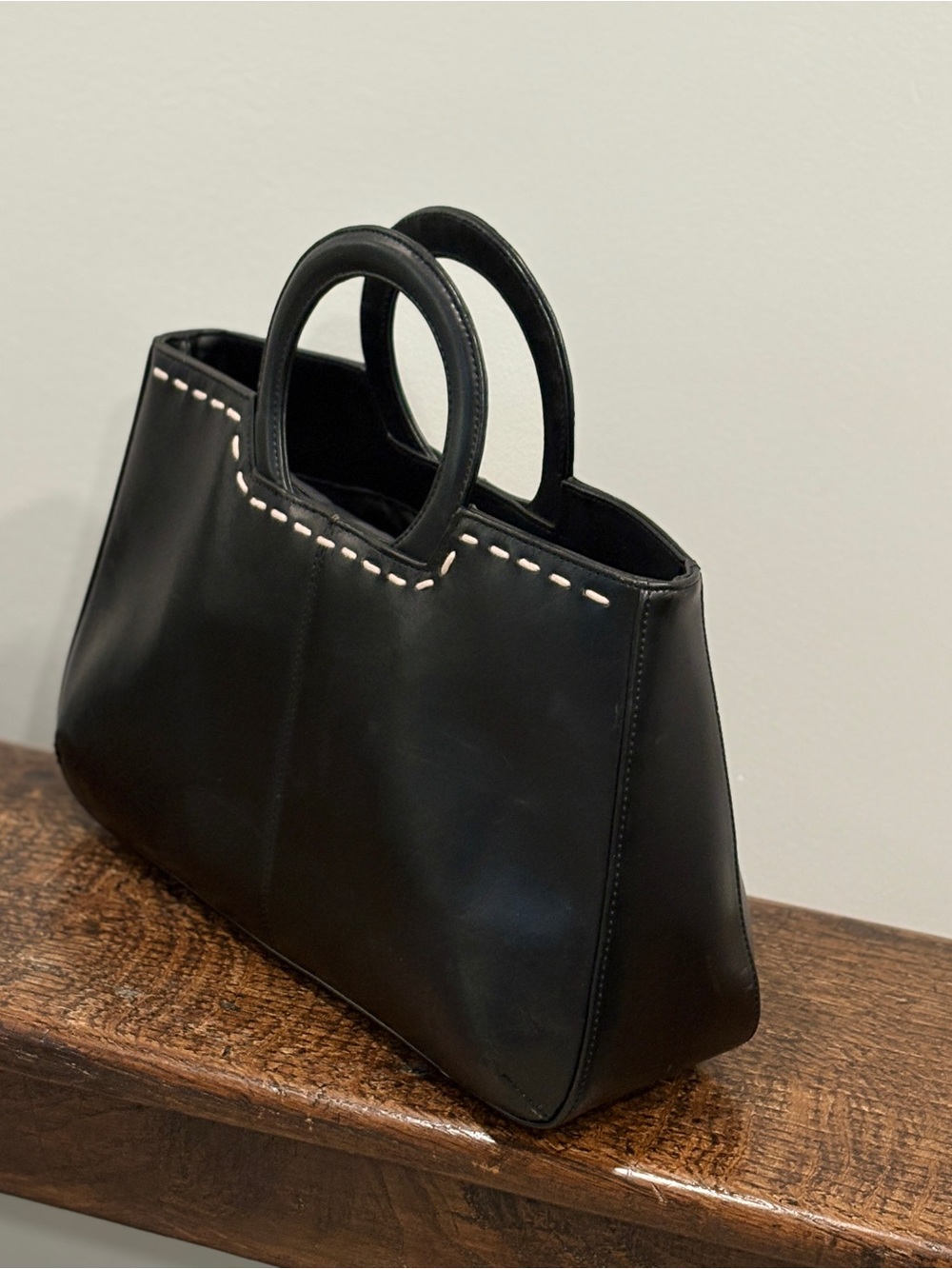 Vintage Black Leather Cutout Top Handle Handbag Y2K Contrast Stitch 13x8”